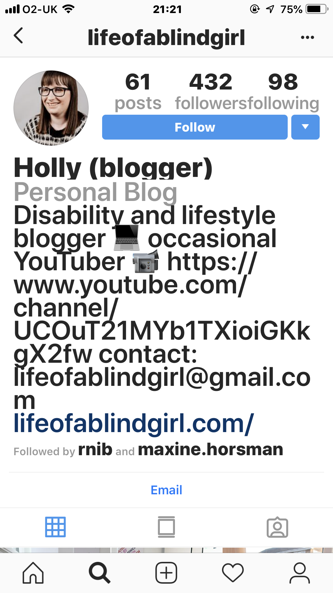 A screenshot of Holly's Instagram profile
