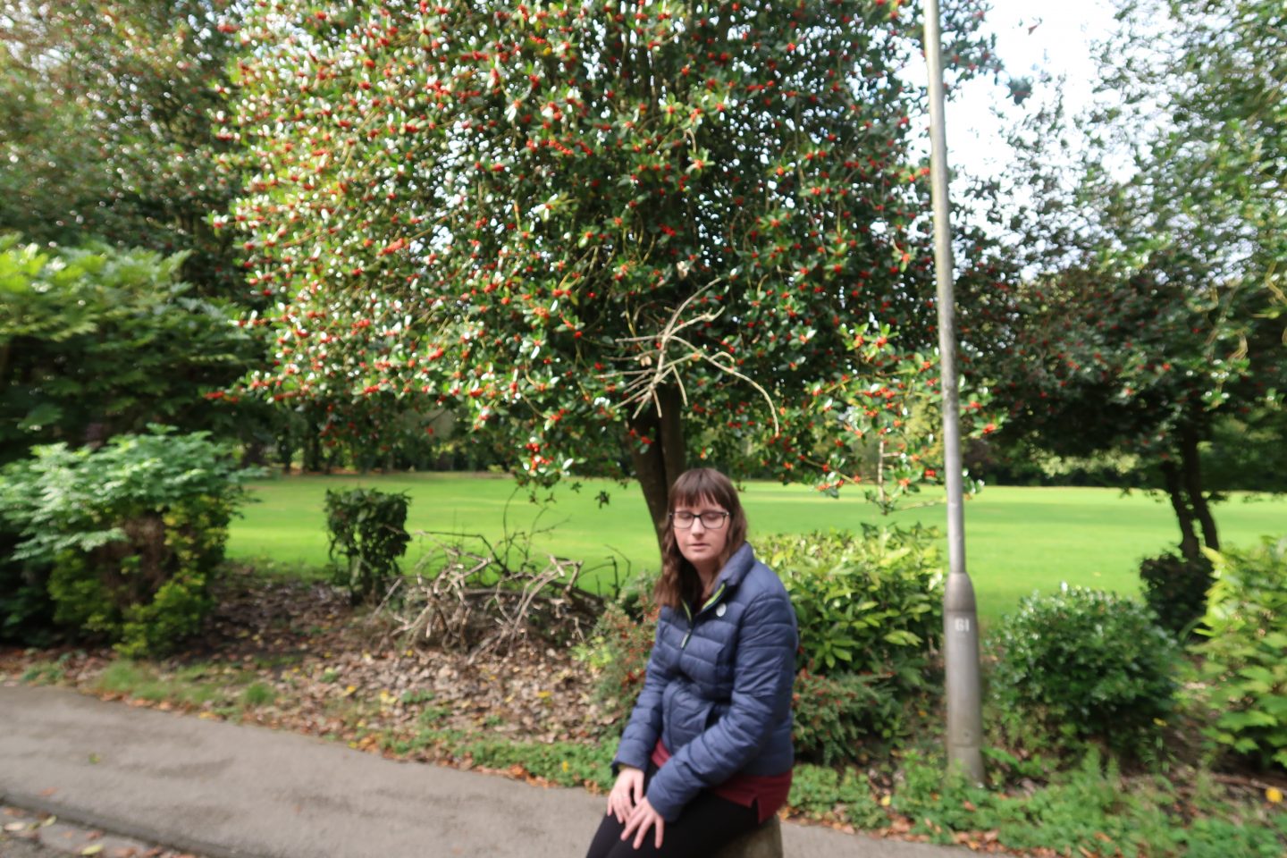 A photo of Holly sat on a large stone, she is wearing a blue Superdry jacket, there is a holly tree in the background with lots of red berries on it