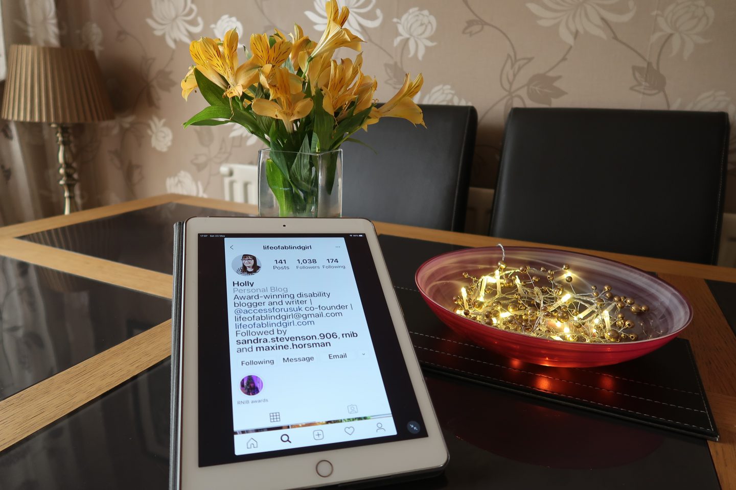 Holly's Instagram profile on an iPad screen, there is a vase of yellow flowers and lights in a red bowl behind it